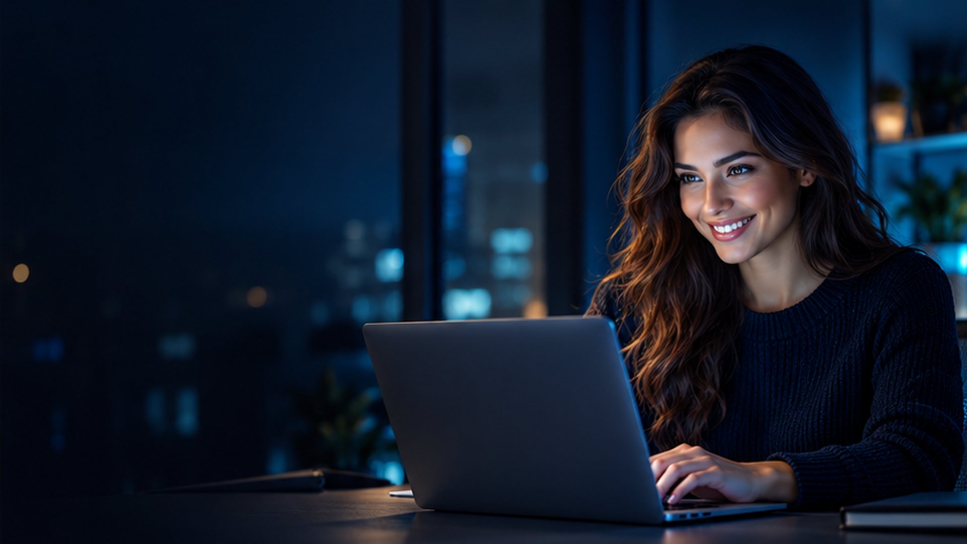 A woman studying for her exam on her laptop at night